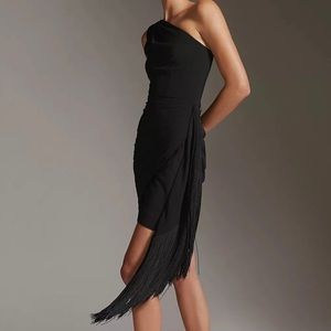 Anthropologie Hutch Ruched Lined Side Zip Fringe Midi Dress​​​​​​​​​​​​​​